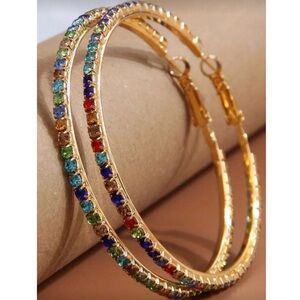 Exaggerated Bohemian Colorful Round Hoop Earrings Rhinestone Gold Tone *NEW